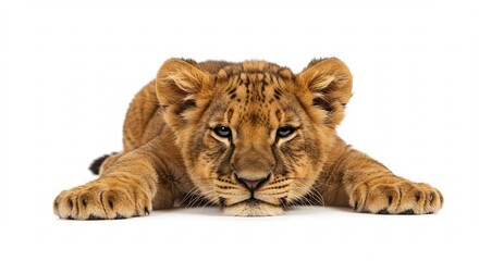 Obraz premium Lionceau reposant paisiblement fond blanc lumiere douce. AI Generated