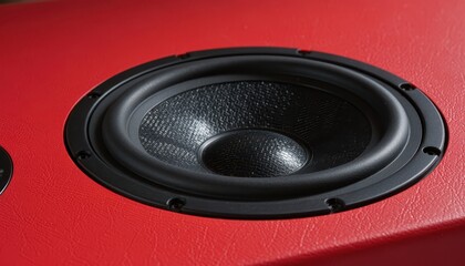 Sound system exploration close-up of a black speaker cone on red surface indoor detail-oriented acoustic concept