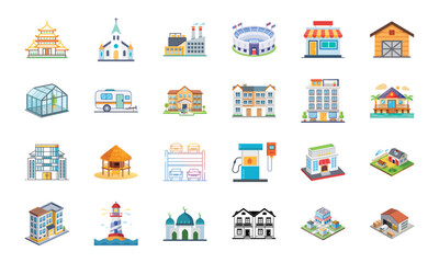 Fototapeta premium Collection of Various Building and Architecture Icons Including Temple, Church, Factory, Stadium, Shops, Barn, Greenhouse, Camper, Houses, Apartments, Gas Station, School, Lighthouse, Mosque, and Ware