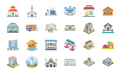 Collection of Various Building and Architecture Icons Including Temple, Church, Factory, Stadium, Shops, Barn, Greenhouse, Camper, Houses, Apartments, Gas Station, School, Lighthouse, Mosque, and Ware