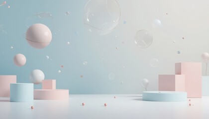 Abstract minimalist background with floating 3D geometric shapes and soft gradients, stylish and versatile.