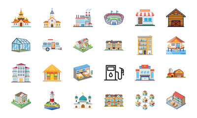 Fototapeta premium Collection of Various Building and Architecture Icons Including Temple, Church, Factory, Stadium, Shops, Barn, Greenhouse, Camper, Houses, Apartments, Gas Station, School, Lighthouse, Mosque, and Ware