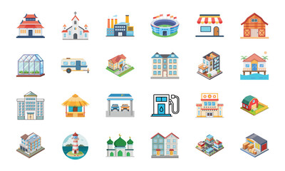 Fototapeta premium Collection of Various Building and Architecture Icons Including Temple, Church, Factory, Stadium, Shops, Barn, Greenhouse, Camper, Houses, Apartments, Gas Station, School, Lighthouse, Mosque, and Ware