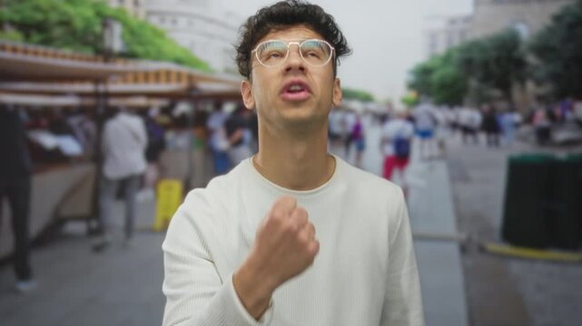 Young hispanic man clenches fist on street near market stall with tense expression; anger frustration.