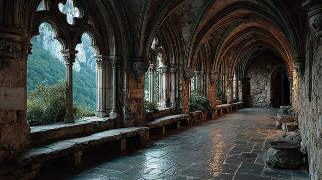 Spooky medieval monastery interior with arched windows and rose window details, pale blue light highlighting the detailed stonework, eerie and historic scene   