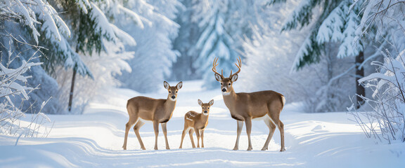 Obraz premium Deer family crossing snowy forest path, harmony in nature