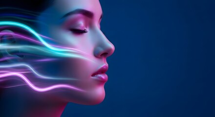 Obraz premium Colorful portrait of a person with flowing colors, capturing the essence of motion and emotion against a deep blue background