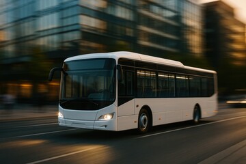 Electric bus innovation. modern city bus in motion, showcasing sleek design and vibrant urban backdrop. bus is white with black accent, reflecting dynamic energy of city life