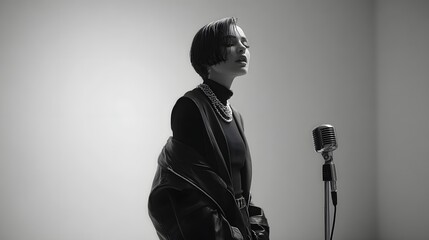 A woman with short hair, wearing a turtleneck, leather jacket, and necklace, stands by a vintage microphone, eyes closed. The background is neutral.