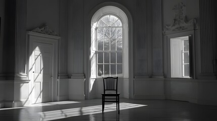 Fototapeta premium A sun-drenched, white interior room with dramatic shadows and a solitary chair, showcasing the architectural detail and a sense of quiet grandeur.