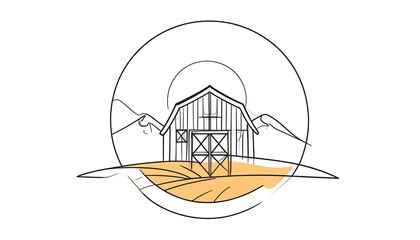 Barn in field, mountains, sun