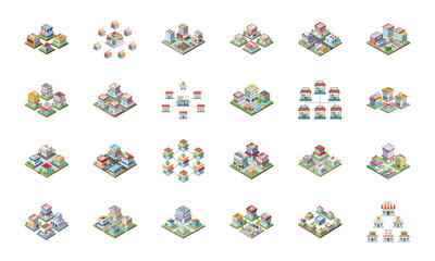 Collection of Various Building and Architecture Icons Including Temple, Church, Factory, Stadium, Shops, Barn, Greenhouse, Camper, Houses, Apartments, Gas Station, School, Lighthouse, Mosque, and Ware