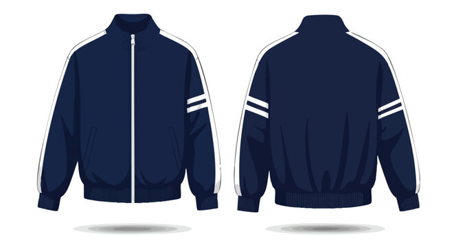 Front and back views of a stylish navy blue jacket with white stripes perfect for athletic or casual wear mockup template vector illustration