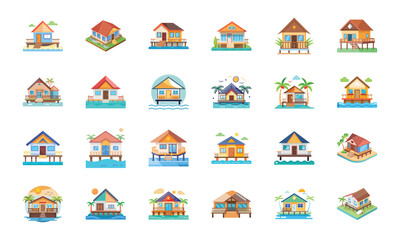 Naklejka premium Collection of Various Building and Architecture Icons Including Temple, Church, Factory, Stadium, Shops, Barn, Greenhouse, Camper, Houses, Apartments, Gas Station, School, Lighthouse, Mosque, and Ware