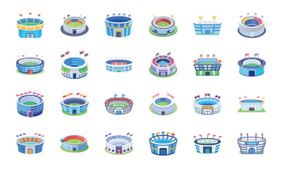 Naklejka premium Collection of Various Building and Architecture Icons Including Temple, Church, Factory, Stadium, Shops, Barn, Greenhouse, Camper, Houses, Apartments, Gas Station, School, Lighthouse, Mosque, and Ware