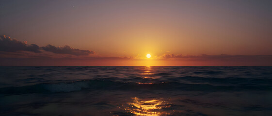 Naklejka premium Glowing horizon as the sun sets over the ocean, night sky merging with radiant reflections across the water.