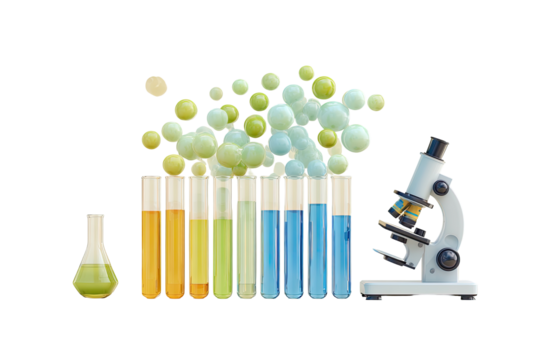 Colorful test tubes with bubbling solutions and a microscope