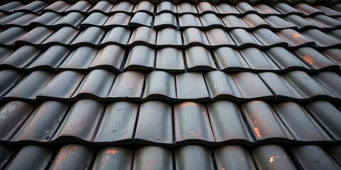 Fototapeta premium Dark grey clay roof tiles, weathered and textured, roofing, rooftop