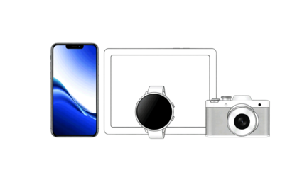 Modern Smart Devices: Smartphones, Smartwatch, Tablet, and Camera; Black Background.