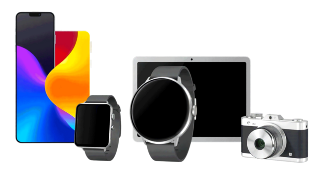 Modern Smart Devices: Smartphones, Smartwatch, Tablet, and Camera; Black Background.