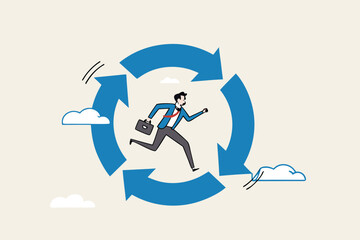 Working habit, life cycle or daily routine behavior, agile development, discipline or working efficiency, procedure or process to success concept, businessman running on habit circle arrow diagram. 