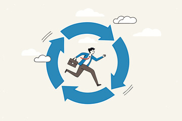 Working habit, life cycle or daily routine behavior, agile development, discipline or working efficiency, procedure or process to success concept, businessman running on habit circle arrow diagram. 