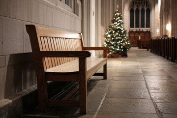 wooden bench sits quietly in empty church on christmas eve bathed in soft candlelight