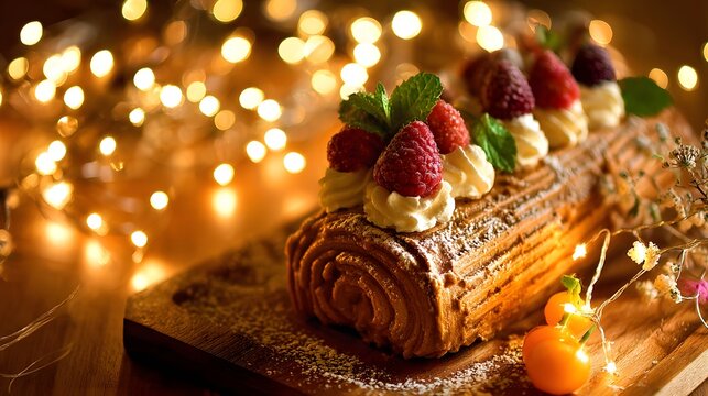 A delicious yule log cake, adorned with fresh raspberries and whipped cream, sits on a wooden board, bathed in warm, festive lighting.