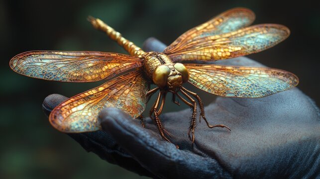 Golden dragonfly held in a hand, lush forest backdrop