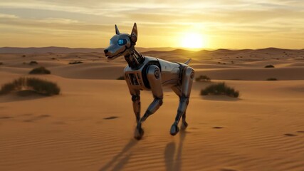 Futuristic robotic dog walking in the desert at sunset. Technology concept. - Powered by Adobe