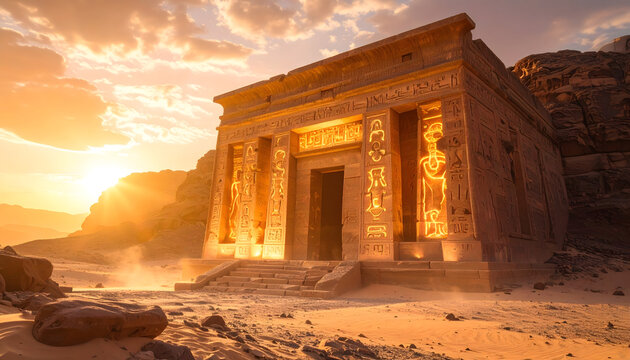 Ancient temple desert sandstone glowing symbols hieroglyph sunset golden light doorway serene ancient temple desert sandstone with glowing symbols - Powered by Adobe