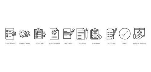 requirement banner icon vector concept with icon of requirement, regulations, inventory, specification, document, writing, summary, to do list, verify and manual testing









