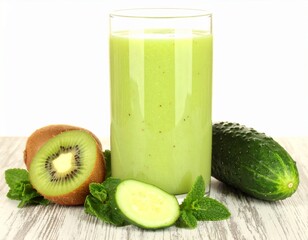 Green Smoothies with Orange Kiwi and Cucumber Garnished with Mint