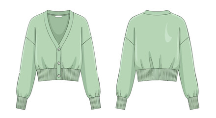 Naklejka premium Mint Green Cropped Cardigan Fashion Illustration with Long Sleeves and Button Closure showing Front and Back Views