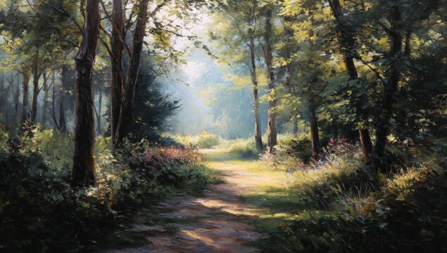 Sunlight filtering through a forest path