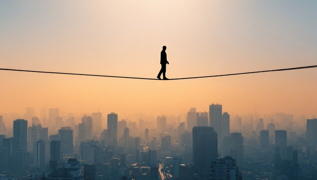 Silhouette of a person walking a tightrope over a city at sunrise