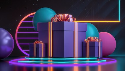 Gift boxes on a platform with neon lights