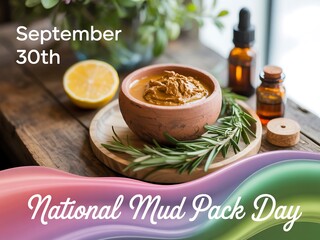Mud pack in bowl with rosemary, lemon, and oil bottles on wooden table
