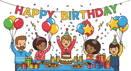 Colorful Cartoon Birthday Celebration with Diverse Characters, Balloons, Gifts, and Festive Decorations Creates Joyful Scene