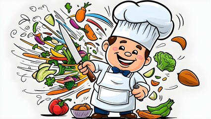 A cheerful cartoon illustration of a happy chef character energetically chopping a variety of fresh vegetables for a healthy meal