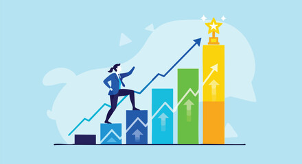 Businesswoman climbing bar chart towards the goal, illustrating success and career path for corporate women reaching financial targets and