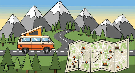 Retro Campervan Adventure Illustration: A Scenic Road Trip Through Majestic Mountains and Verdant Forests Awaits Travellers