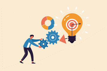 Project initiation or project execution, research or implement business idea to see result, effort to develop idea and business goal concept, businessman turn cog wheels to light up lightbulb idea. 