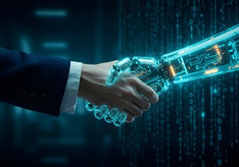 Businessman and robot handshake about tech innovation, machine learning progress and partnership with future Artificial General Intelligence