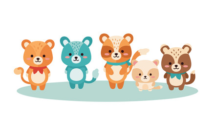 Naklejka premium Charming array of five stylized cartoon animals on teal base against a white background in playful illustration style