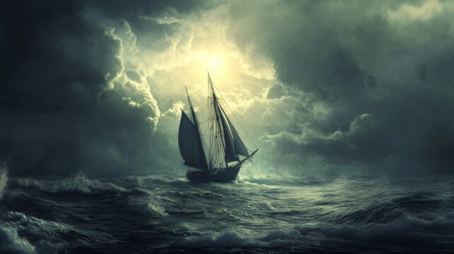 A sailboat sails through a stormy sea with a bright light shining through the dark clouds above.