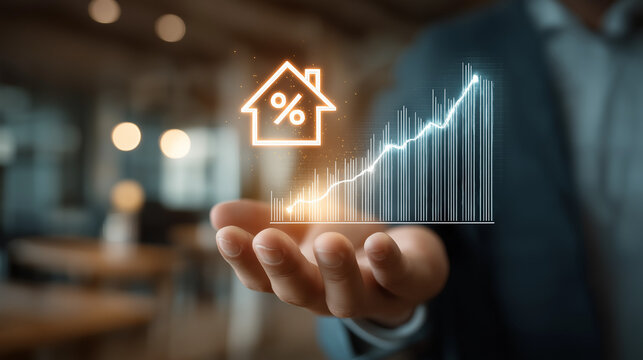 A full HD, detailed image showing a person holding out their hand, with a glowing, three-dimensional projection of a house and a percentage sign hovering above it. The graphic includes an ascending ba - Powered by Adobe