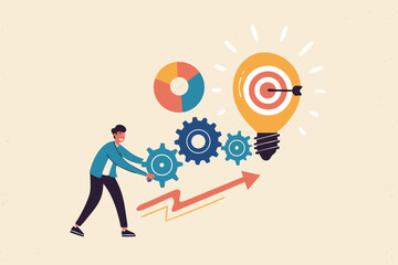 Project initiation or project execution, research or implement business idea to see result, effort to develop idea and business goal concept, businessman turn cog wheels to light up lightbulb idea. 