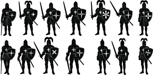 Medieval knights silhouettes with swords and shields, armor warriors, historical battle figures, warrior costumes, ancient soldiers, medieval weaponry, knight vector set