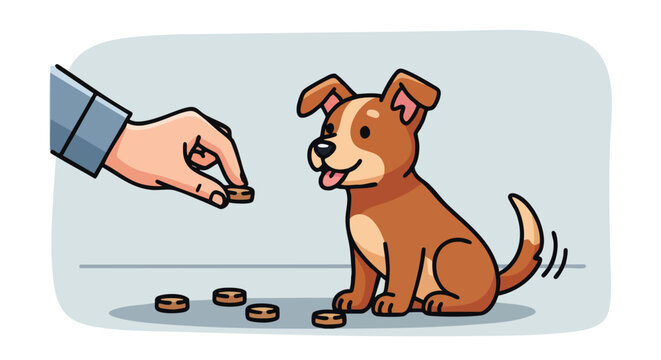 Animated illustration showcasing dog training with treats being offered by a person promoting positive reinforcement and happy pet bonding experience